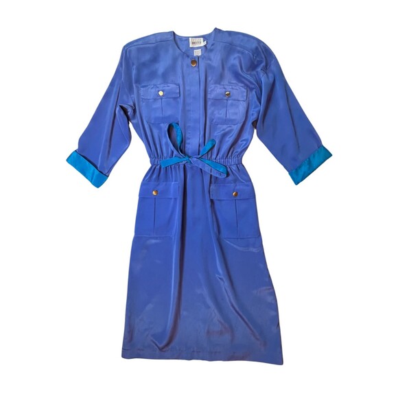 Vintage 90s Dress‎ Leslie Fay Midi Belt Pockets Satin Blue Retro Long Sleeves 10 - Picture 3 of 16